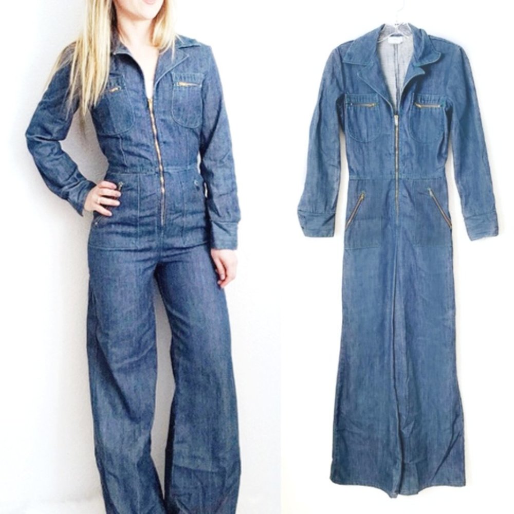 70s vintage denim wide leg Sears Jr Bazaar bellbottoms jumpsuit hippie 1970s XS